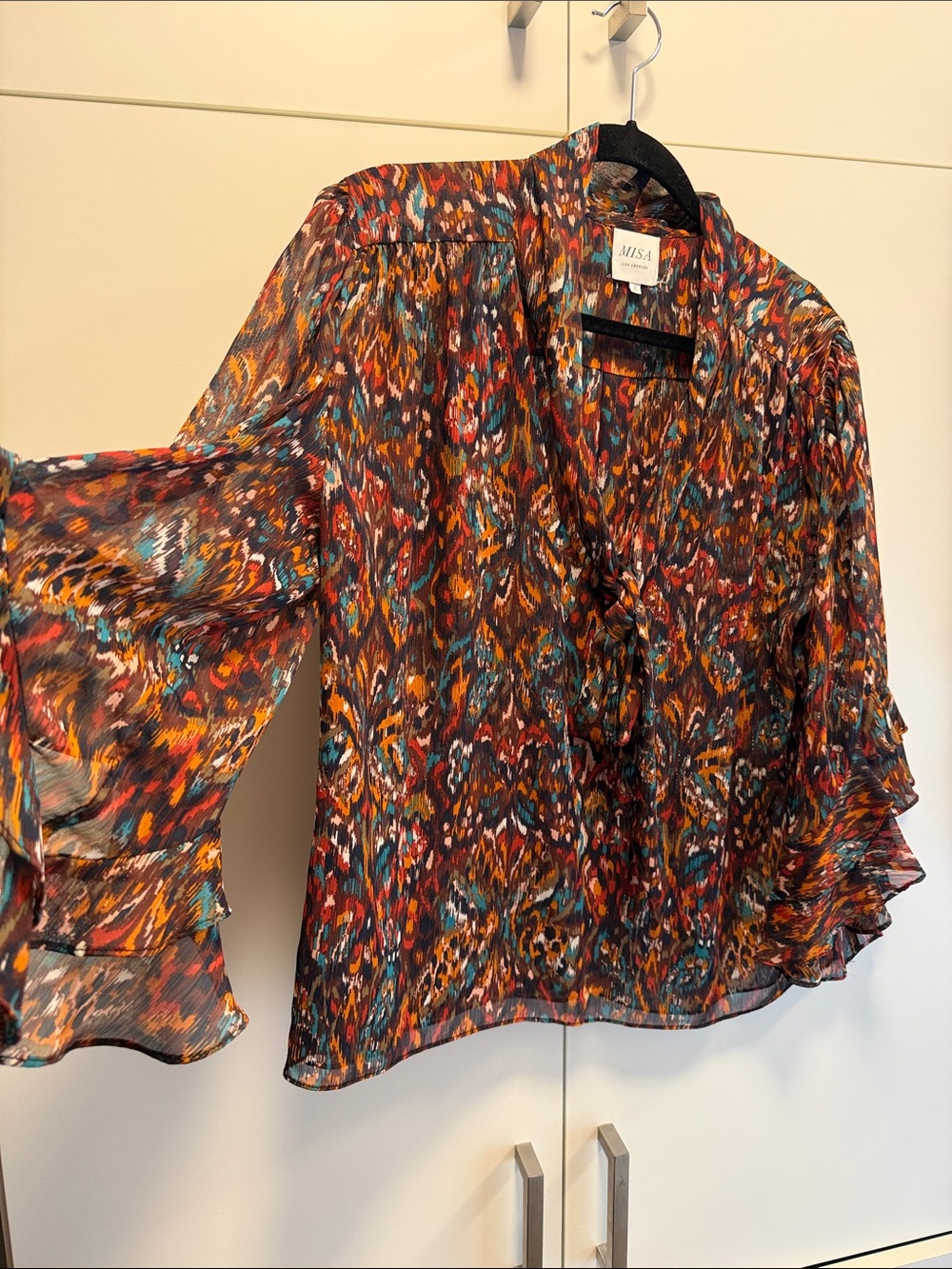 Misa Los Angeles Multicolor Ikat Ruffle-Sleeve Blouse